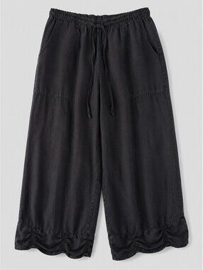 La Fixsun 100% Linen Wide Leg Crop Pants Black Drawstring Elastic Waist